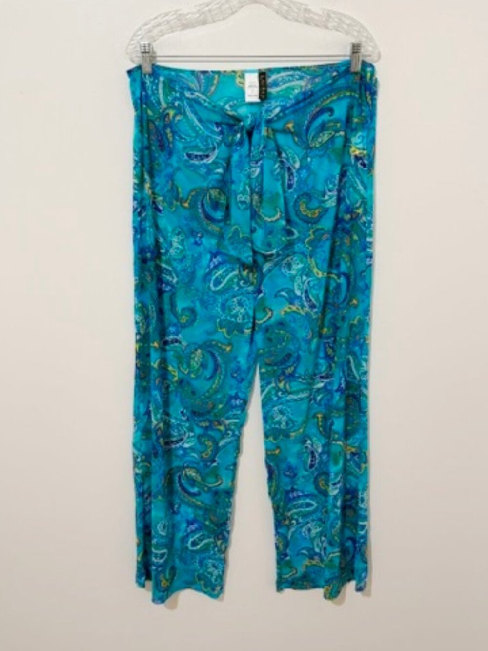 Lauren Ralph Lauren Teal Paisley Wide Leg Tie Waist Pants Mesh-Like Size L NWT